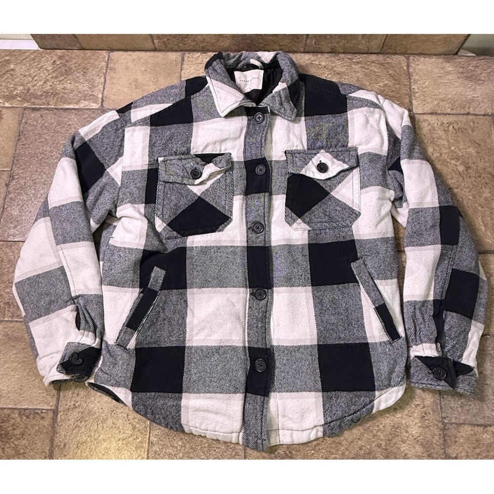 Aeropostale Womens S Plaid Shirt Jacket Shacket Quilted Lined Black Gray White